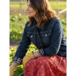 Coldwater Creek Dark Wash Denim Jacket with Plaid Accents and Button Pockets  M